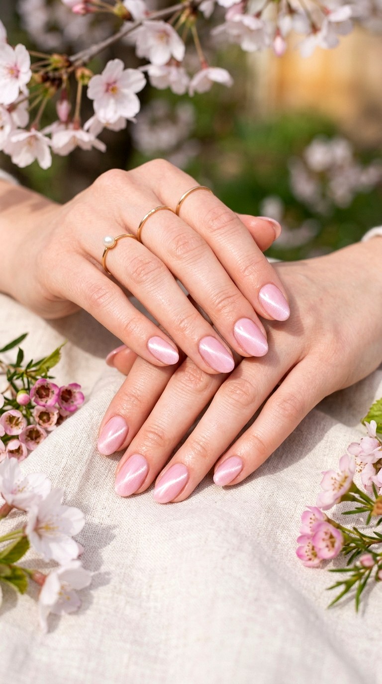 Light Pink Cat Eye with Diagonal Shimmer Accent - 20 Spring Pink Cat Eye Nails with Shimmer Line Ideas