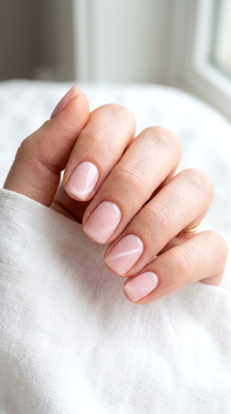 Light Pink Cat Eye with Minimalist Single Line - 22 Summer Pink Cat Eye Nails with Shimmer Line Ideas