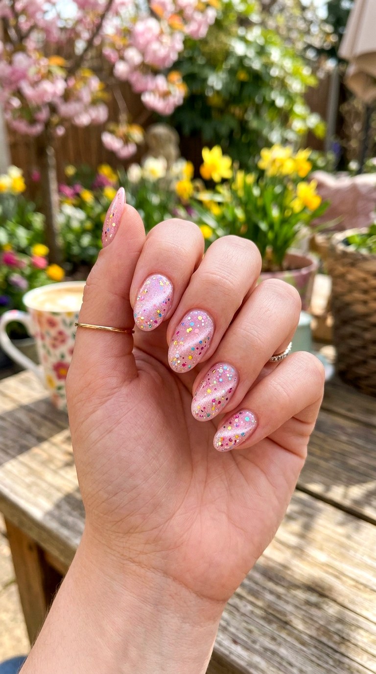 Light Pink Cat Eye with Multi Color Glitter - 20 Spring Blush Cat Eye Nails with Glitter Ideas