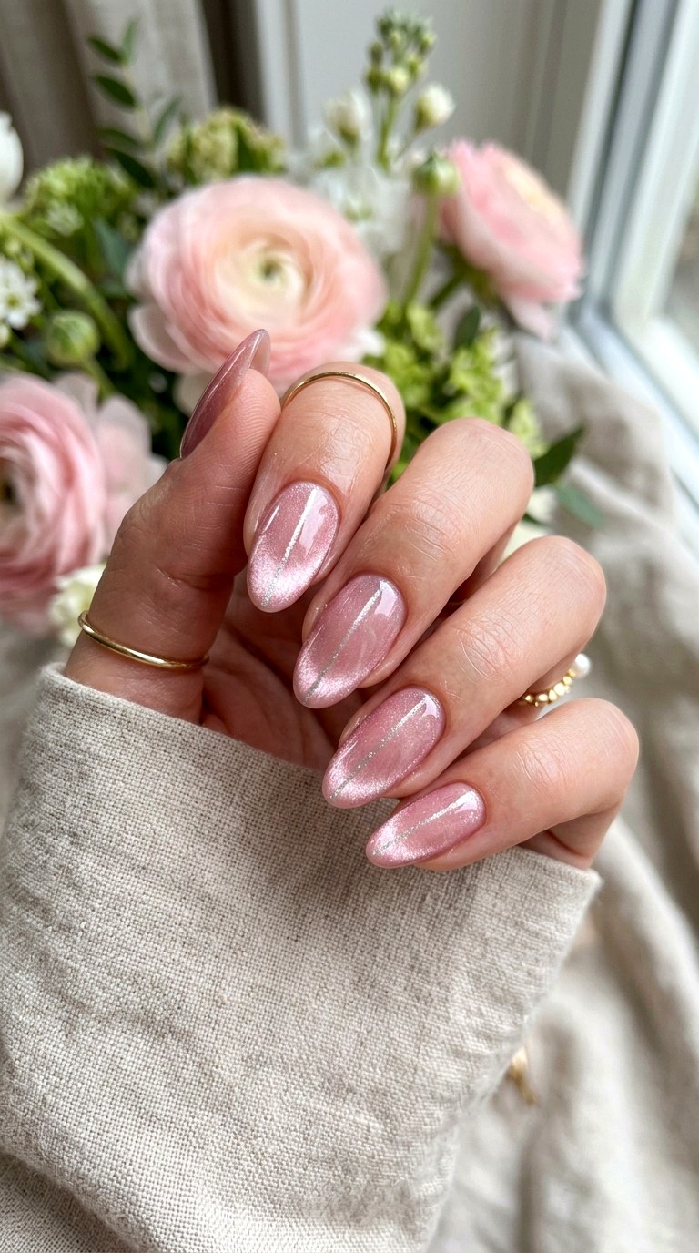 Light Pink Cat Eye with Vertical Shimmer Line - 20 Spring Pink Cat Eye Nails with Shimmer Line Ideas
