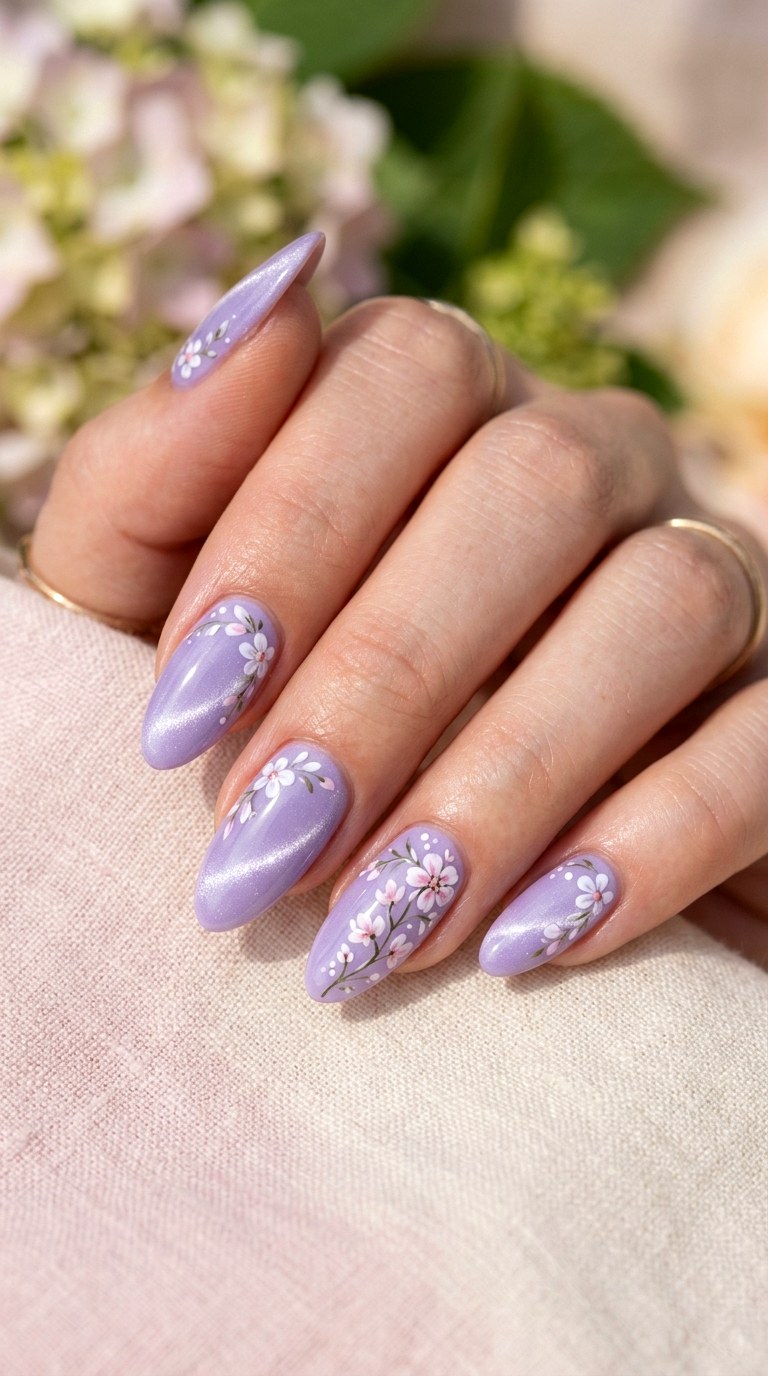 Light Purple Cat Eye with Floral Art - 20 Summer Light Purple Cat Eye Nails Ideas