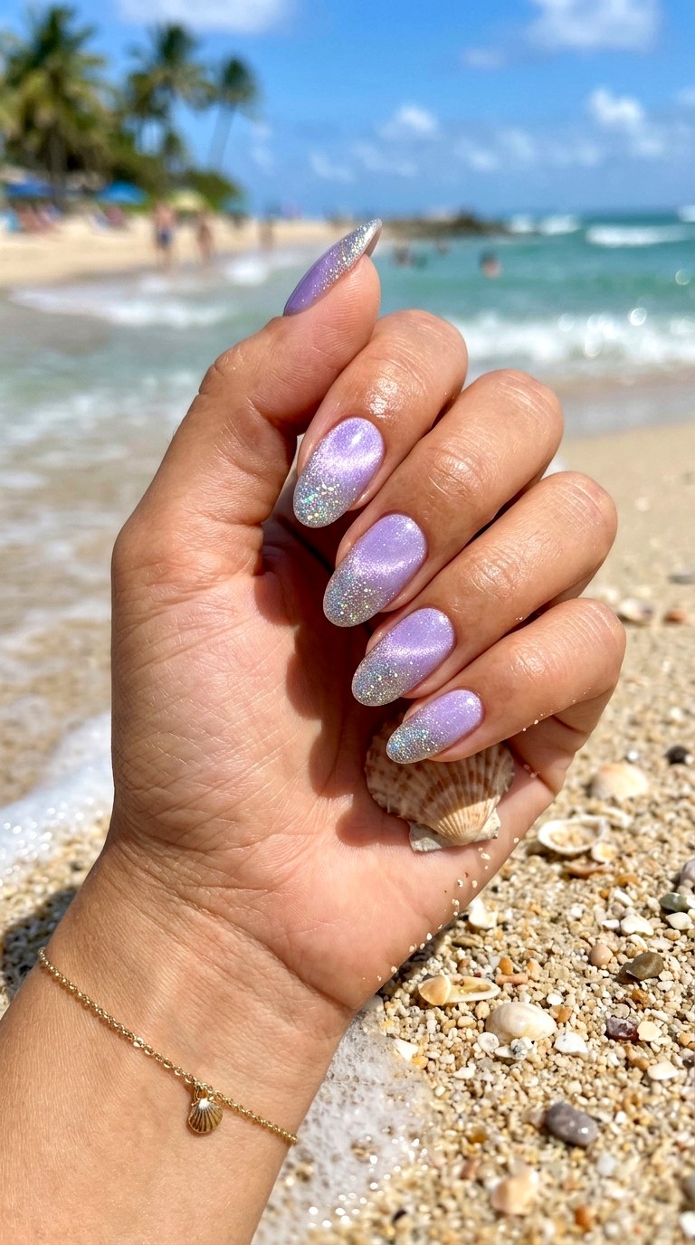 Light Purple Cat Eye with Glitter Tips - 20 Summer Light Purple Cat Eye Nails Ideas
