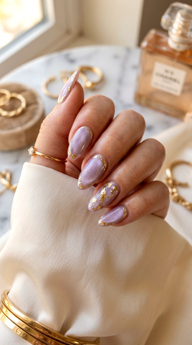Light Purple Cat Eye with Gold Accents - 20 Summer Light Purple Cat Eye Nails Ideas