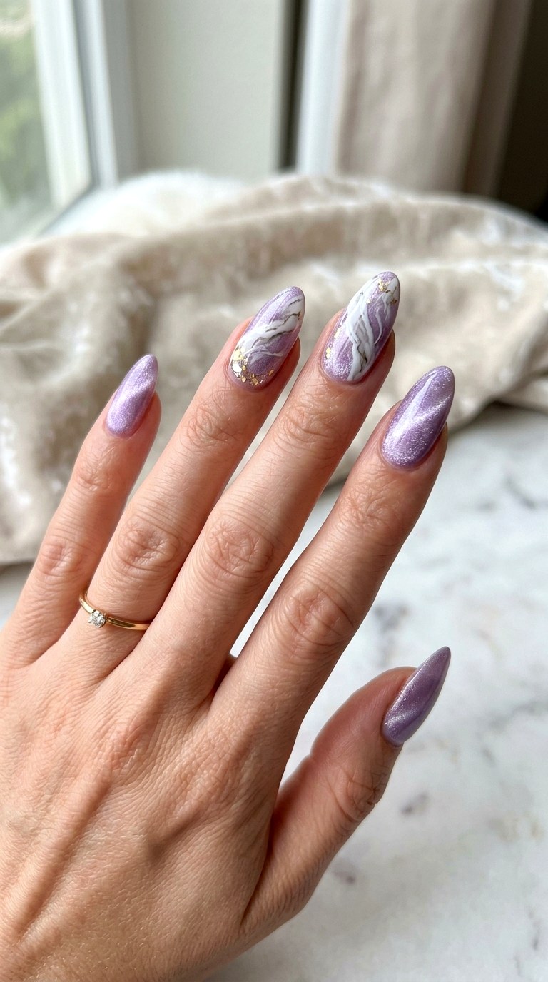 Light Purple Cat Eye with Marble Effect - 20 Summer Light Purple Cat Eye Nails Ideas