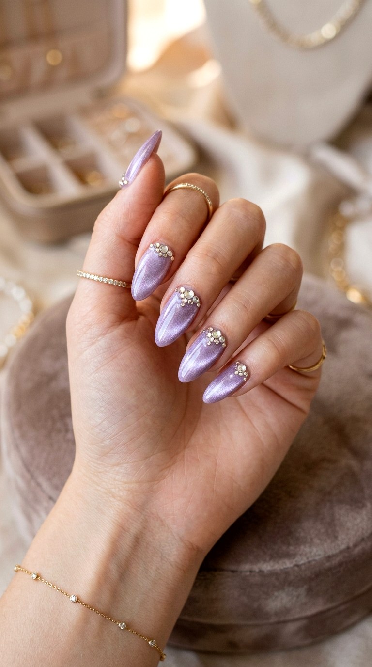 Light Purple Cat Eye with Rhinestones - 20 Summer Light Purple Cat Eye Nails Ideas