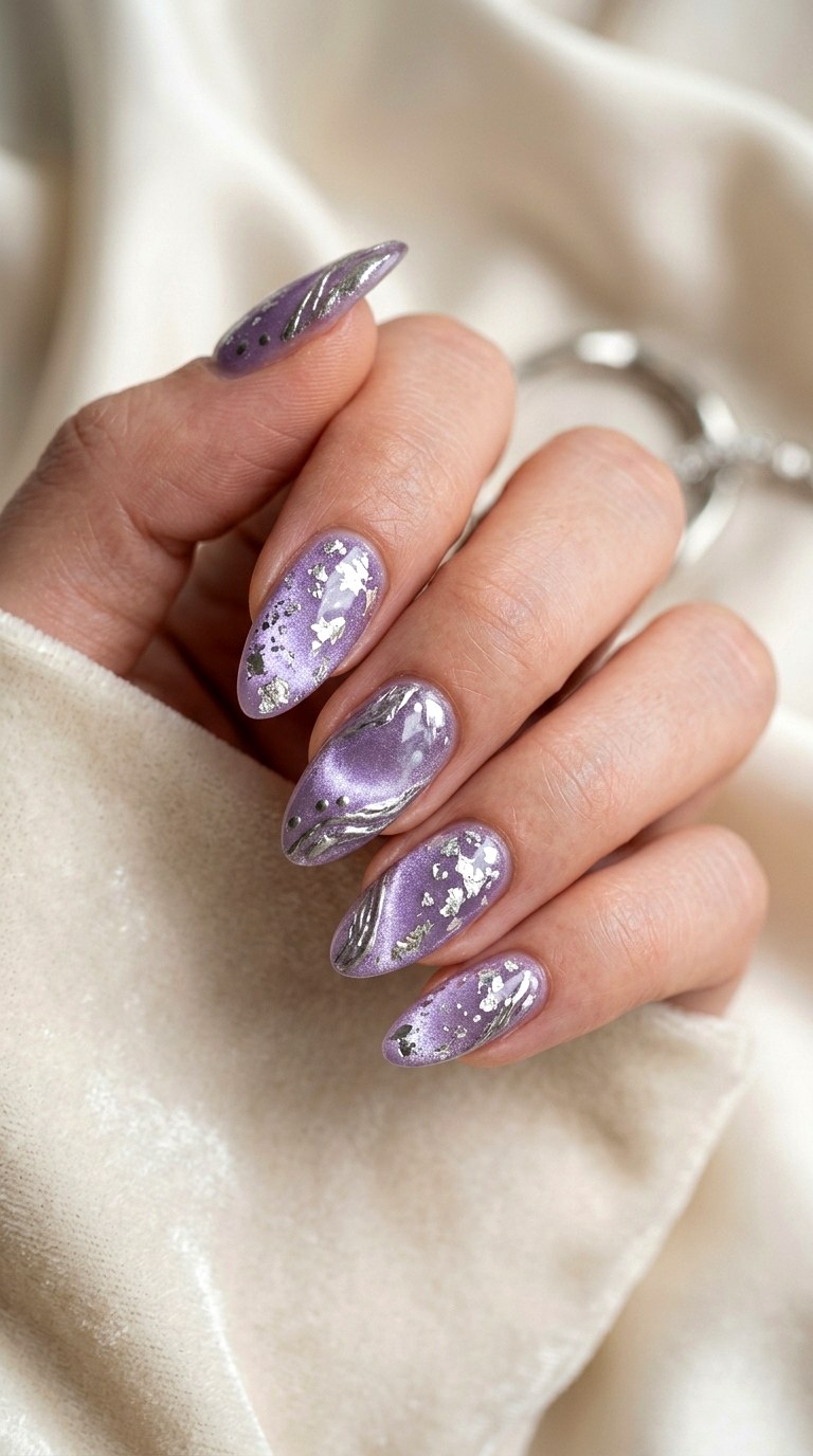 Light Purple Cat Eye with Silver Foil Accents - 20 Summer Light Purple Cat Eye Nails Ideas