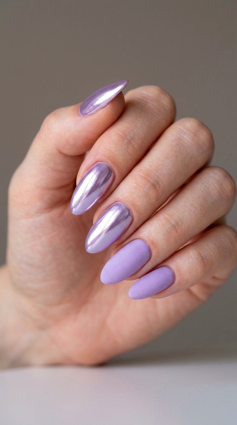 Lilac Chrome and Solid Matte Lavender - 24 Classy Spring Two Colored Nails