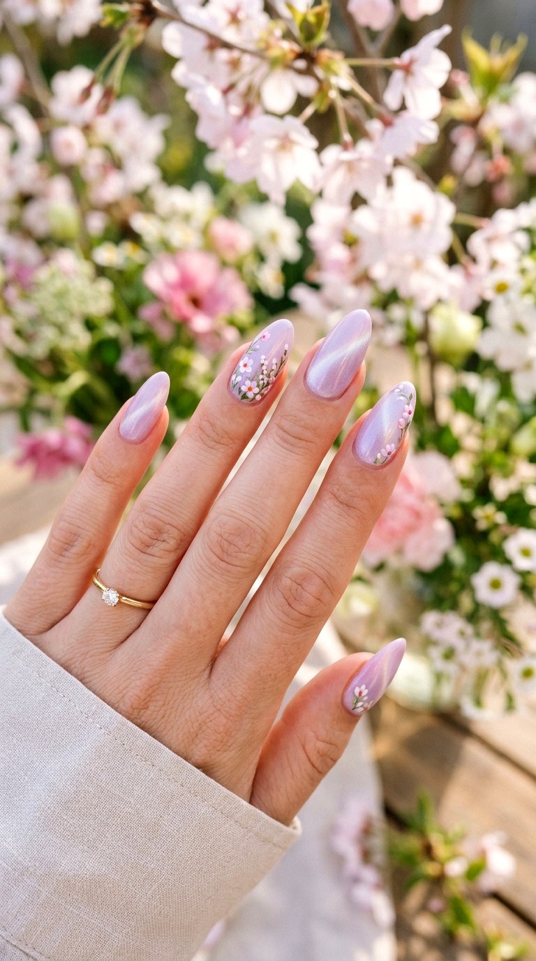 Lilac Floral Cat Eye Nails - 20 Spring Floral Cat Eye Nails Ideas