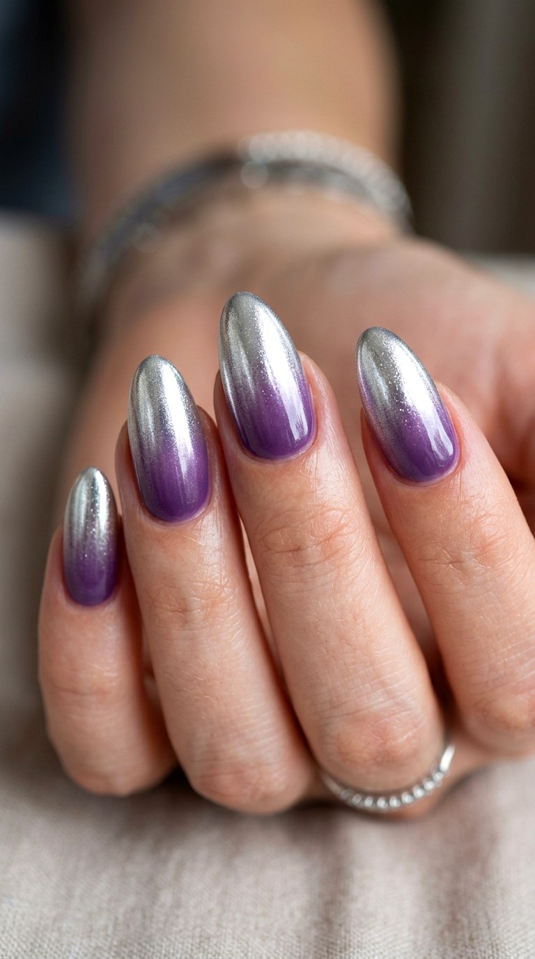 Lilac Gradient with Crystal Silver Tips - 30 Brunch Spring Two Colored Nails