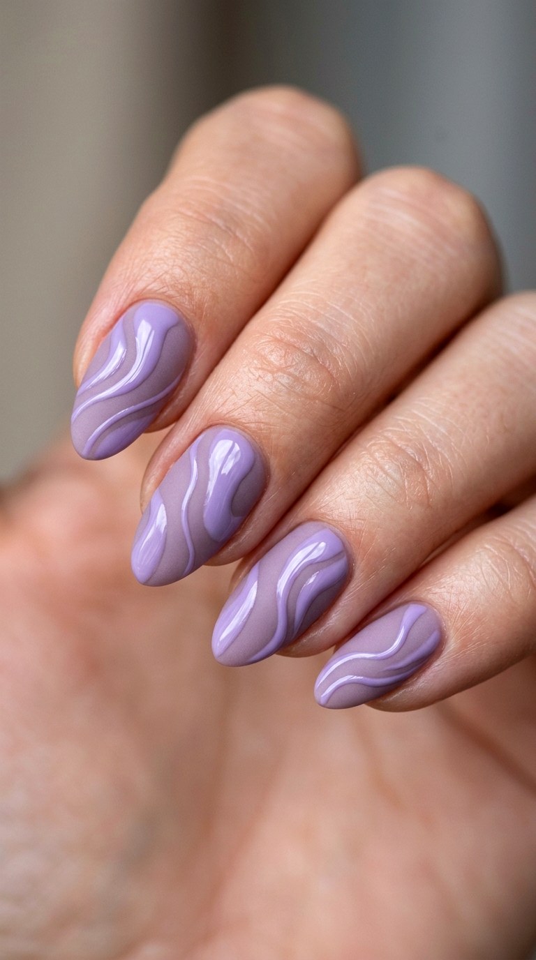 Lilac Matte and Glossy Lavender Swirls - 28 Stylish Spring Two Colored Nails