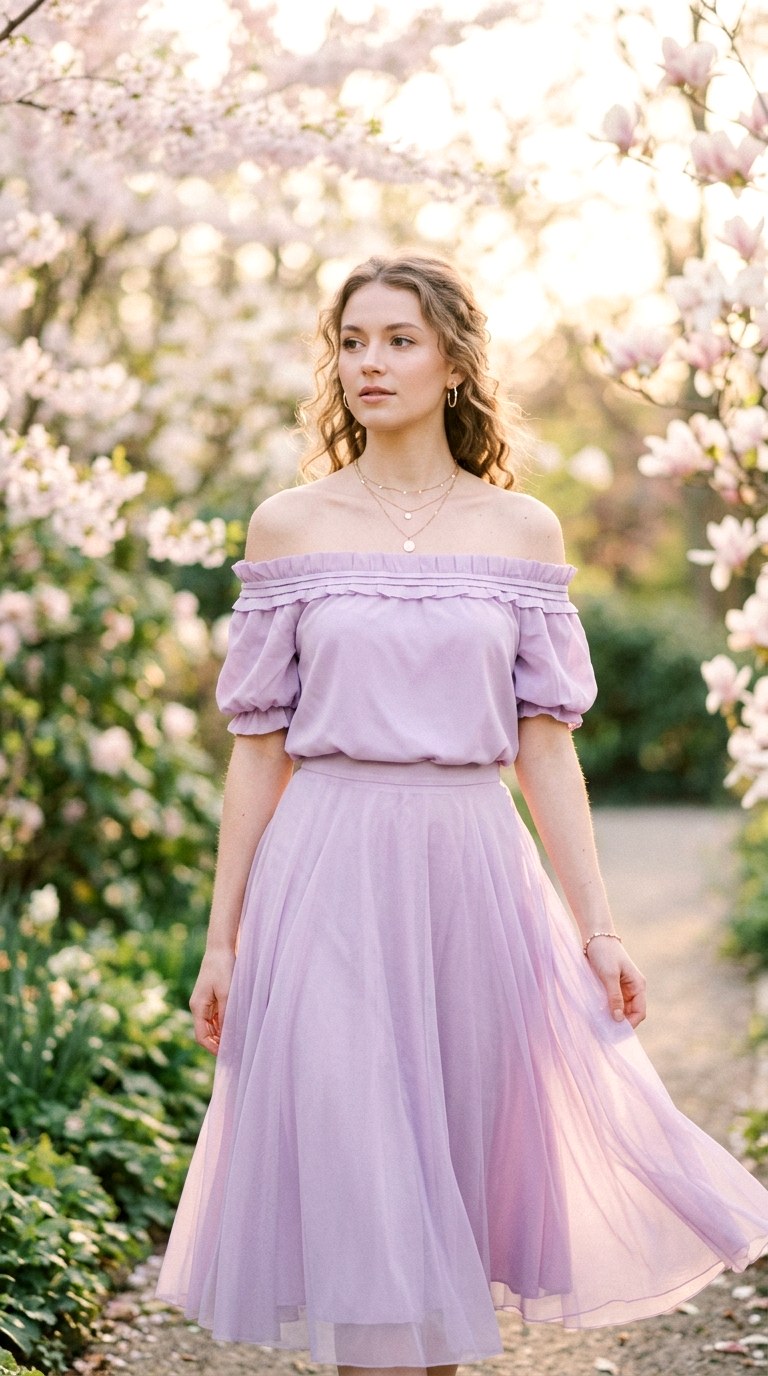 Lilac Off Shoulder Romantic Look - 21 Dreamy Pastel Spring Outfits 2026 That Feel Super Viral and Soft - Copy