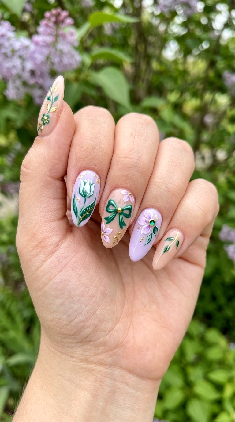 Lilac and Emerald Botanical Garden - 21 Unique Spring Multicolor Acrylic Nails