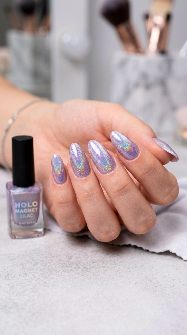 Lilac and Holographic Silver - 26 Summer Dual-Tone Magnetic Cat Eye Nails Ideas