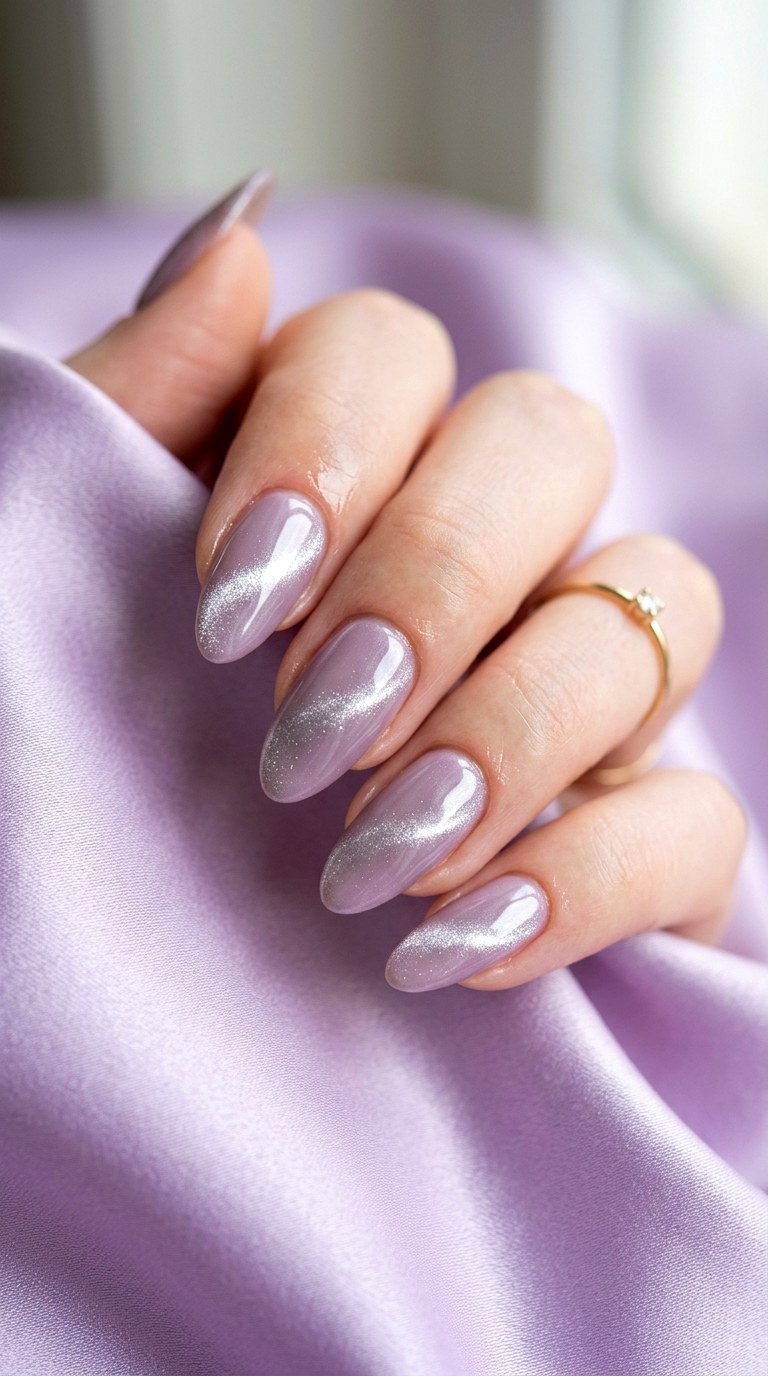 Lilac and Silver Shimmer - 20 Spring Dual-Tone Magnetic Cat Eye Nails Ideas