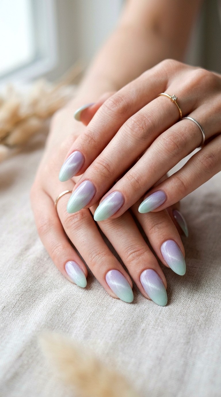 Lilac to Mint Green Soft Ombre Cat Eye Nails - 24 Summer Ombre Pastel Cat Eye Nails Ideas