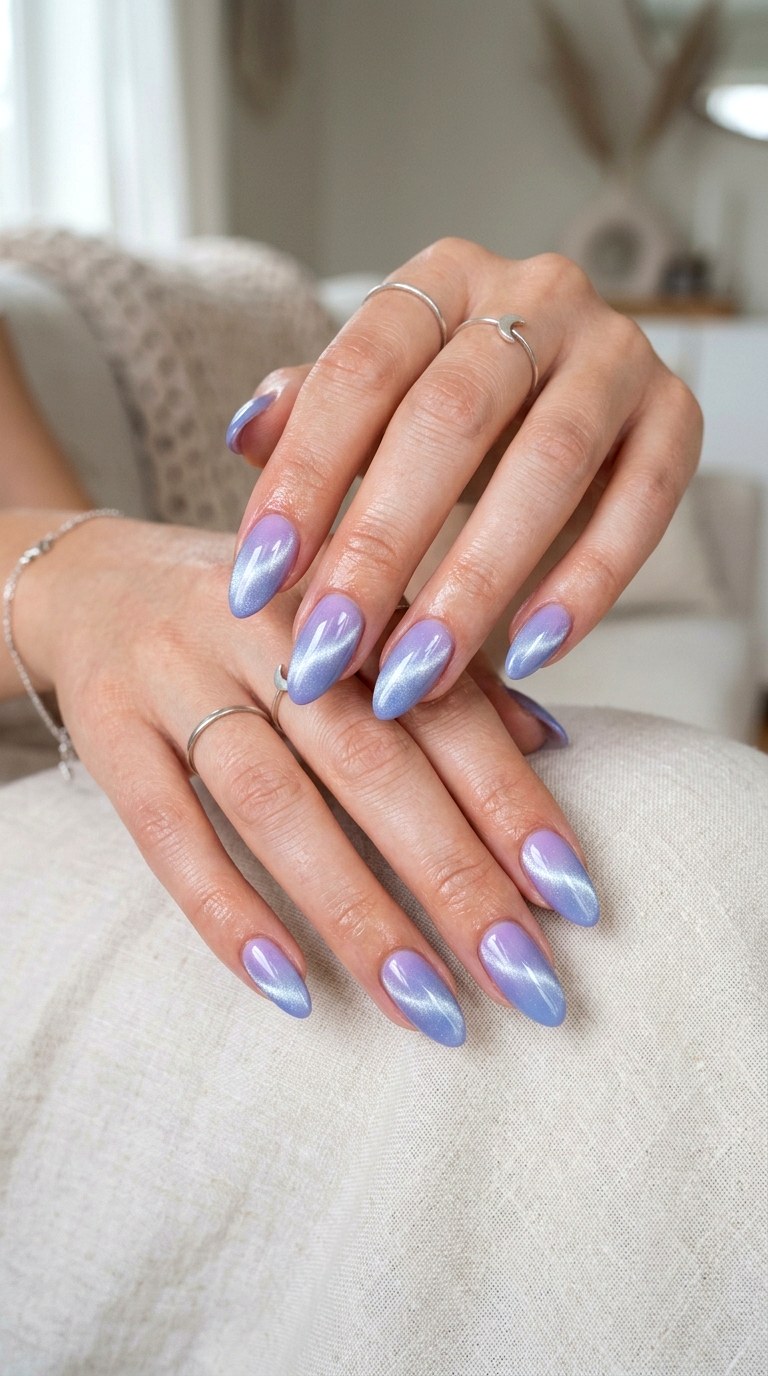 Lilac to Periwinkle Shimmer Cat Eye Nails - 24 Summer Ombre Pastel Cat Eye Nails Ideas