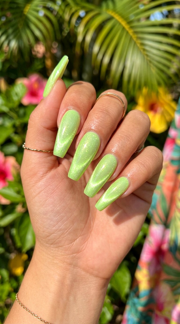 Lime Glow Shimmer Cat Eye - 23 Summer Soft Green Shimmer Cat Eye Nails Ideas