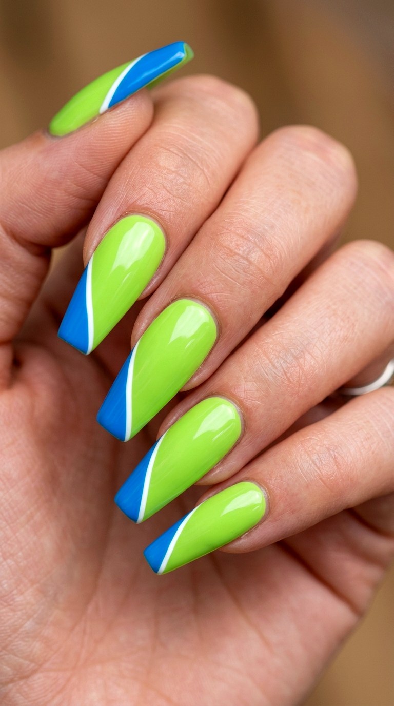 Lime Green and Electric Blue Slanted Tips - 23 Geometric Spring Two Colored Nails