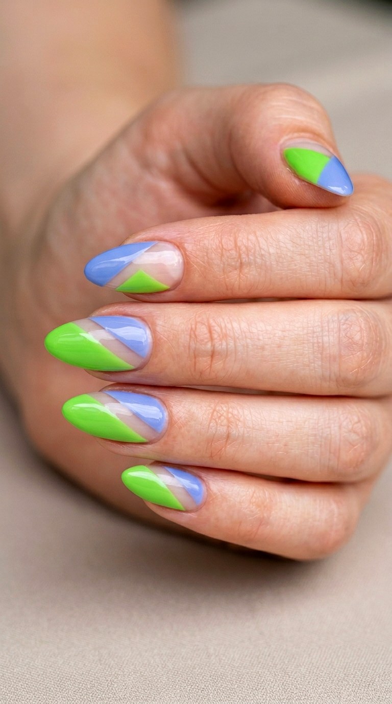 Lime Green and Periwinkle Geometric Splits - 20 Abstract Spring Two Colored Nails
