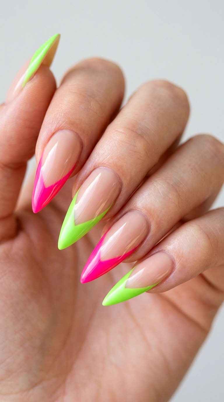 Lime and Pink French Twists - 28 Sharp Spring Stiletto Nails