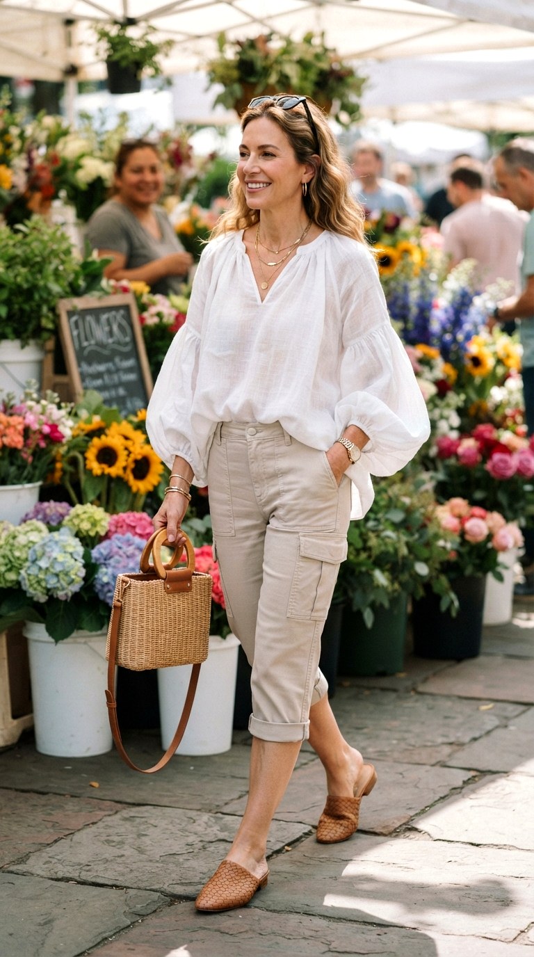 Linen Blouse Breezy Elegance With Cargo Capri - 27 cargo capris outfit