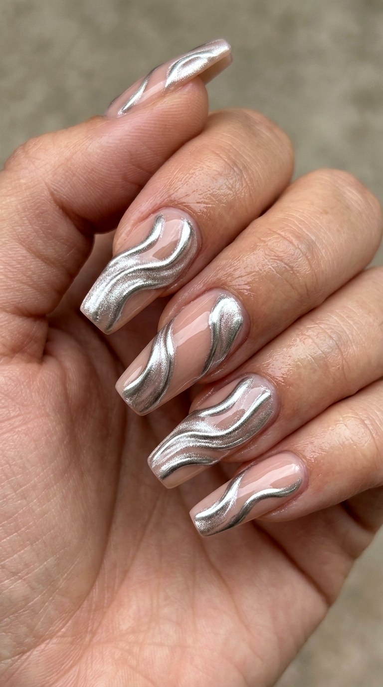 Liquid Chrome Waves - 30 Professional Spring Acrylic Nails