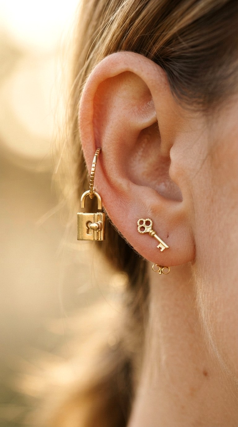 Locking and Key Motif Finale - 25 gold earrings stack