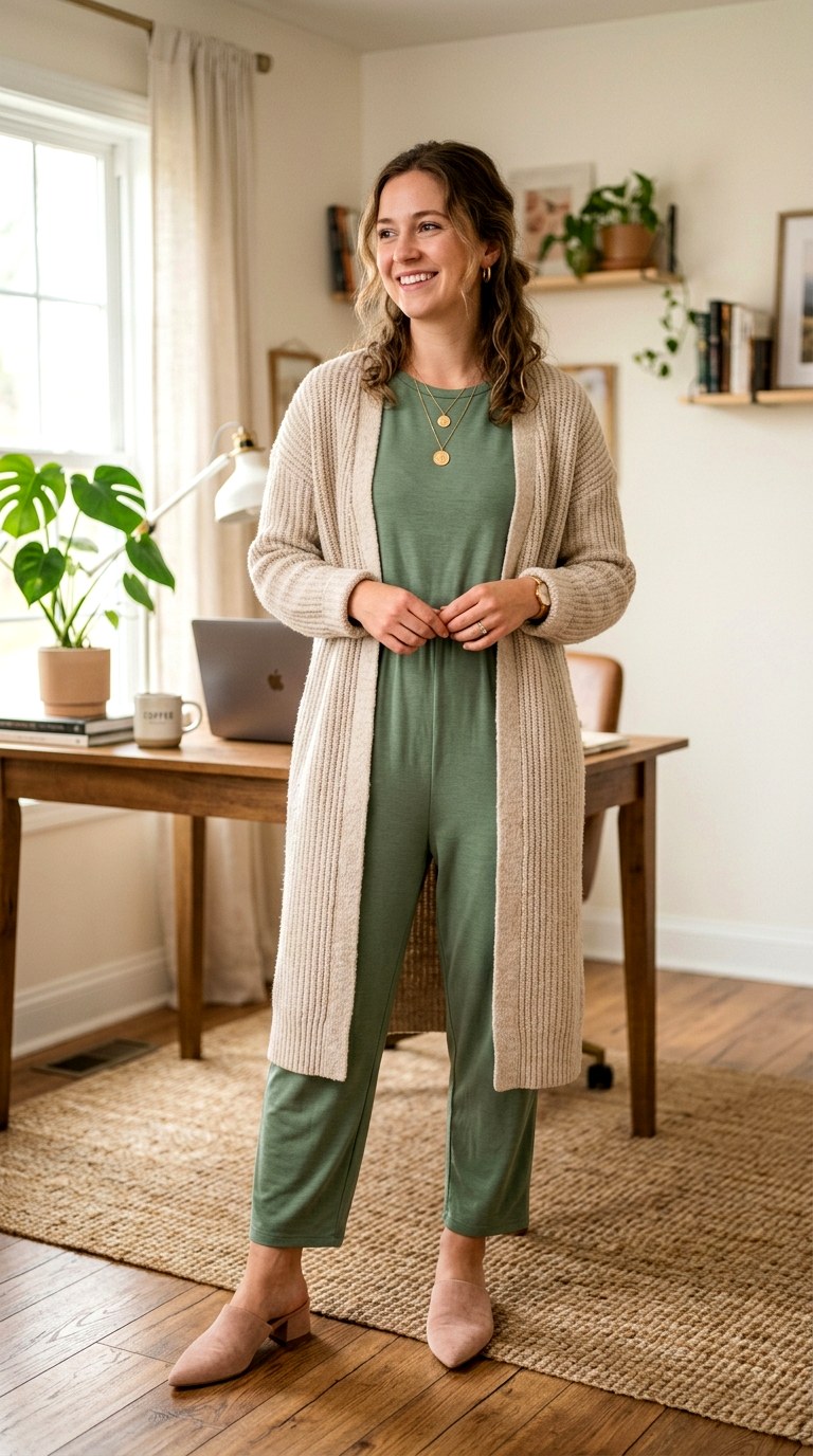 Long Cardigan and Mules - 28 green jumpsuit outfit