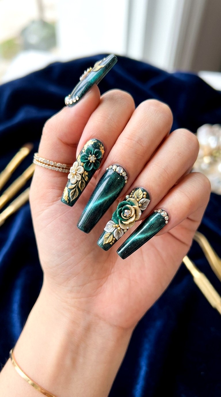 Long Coffin Cat Eye Nails with D Flowers - 25 Summer Floral Cat Eye Nails Ideas