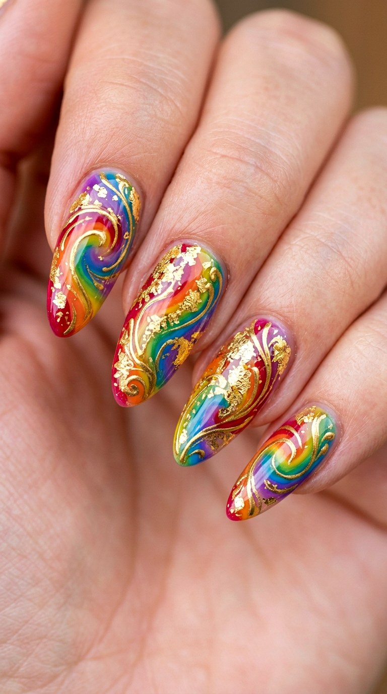 Luxurious Gold Foil Rainbow Overlay - 26 Rainbow Spring Multicolor Acrylic Nails