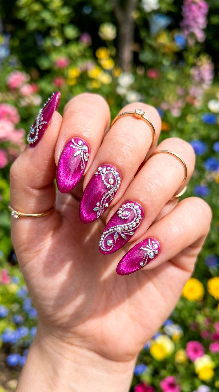 Magenta Cat Eye with Crystal Swirls - 21 Summer Crystal Accent Cat Eye Nails Ideas