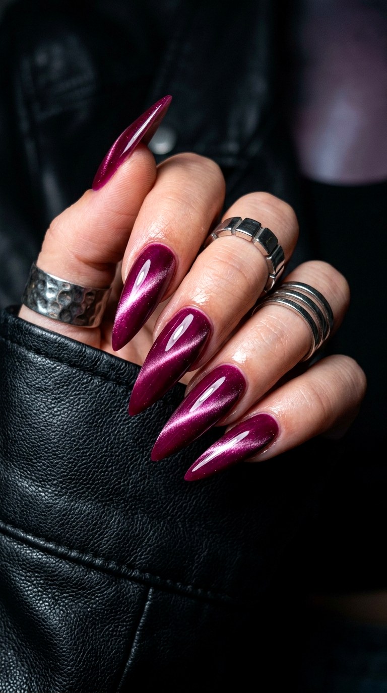 Magenta Cat Eye with Diagonal Shimmer Cut - 22 Summer Pink Cat Eye Nails with Shimmer Line Ideas