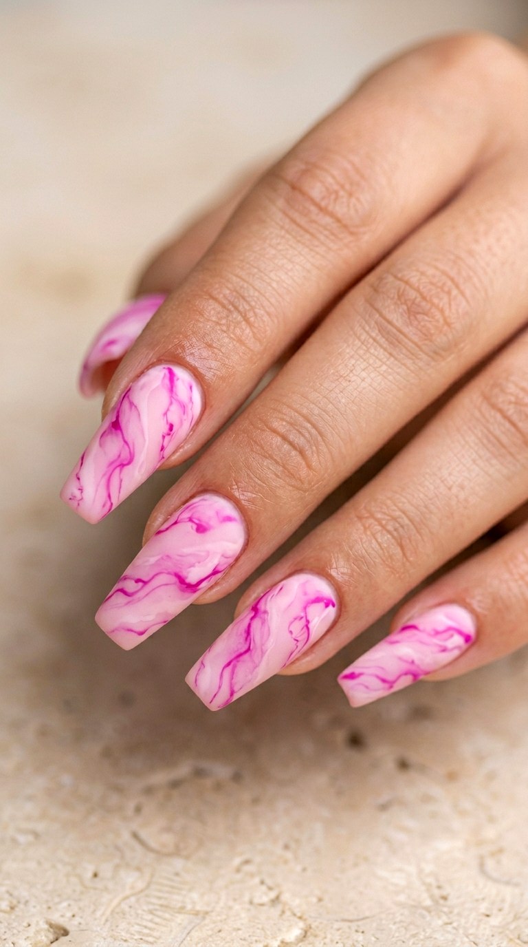 Marble Pink Swirl Coffin - 22 Pink Spring Acrylic Nails