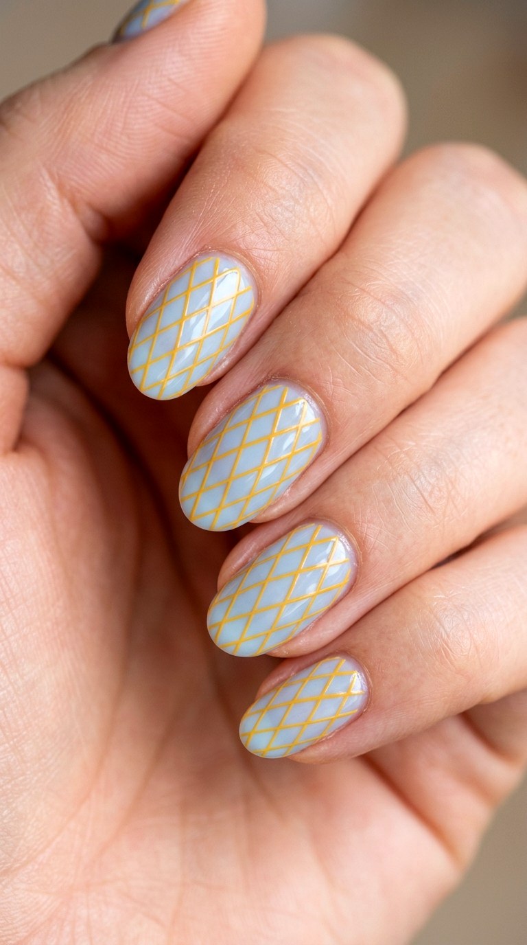Marigold and Powder Blue Intersecting Diamonds - 23 Geometric Spring Two Colored Nails