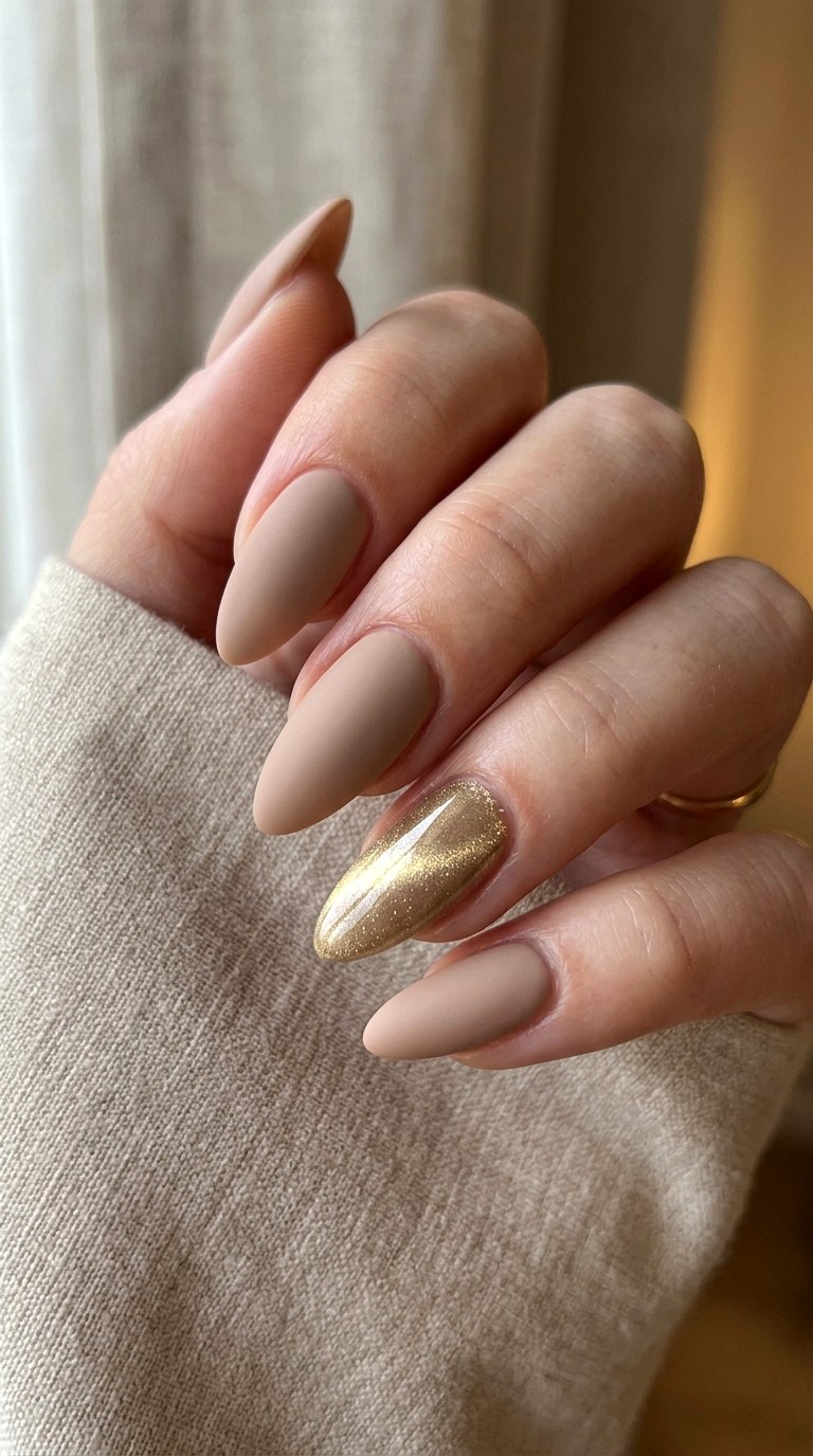 Matte Base with Glossy Gold Cat Eye - 20 Spring Soft Gold Cat Eye Nails Ideas