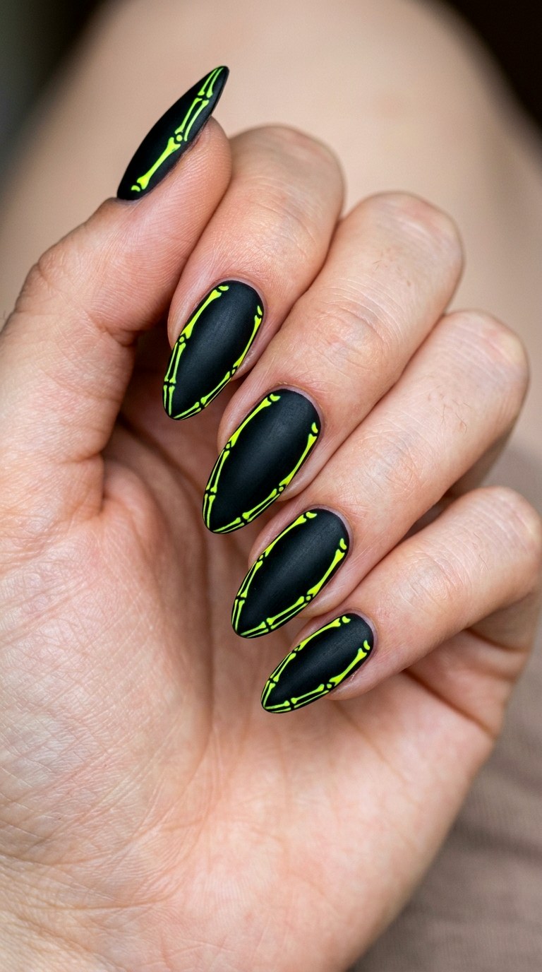 Matte Black Base with Neon Skeleton Lines - 23 Contrast Spring Colorful Junk Nails