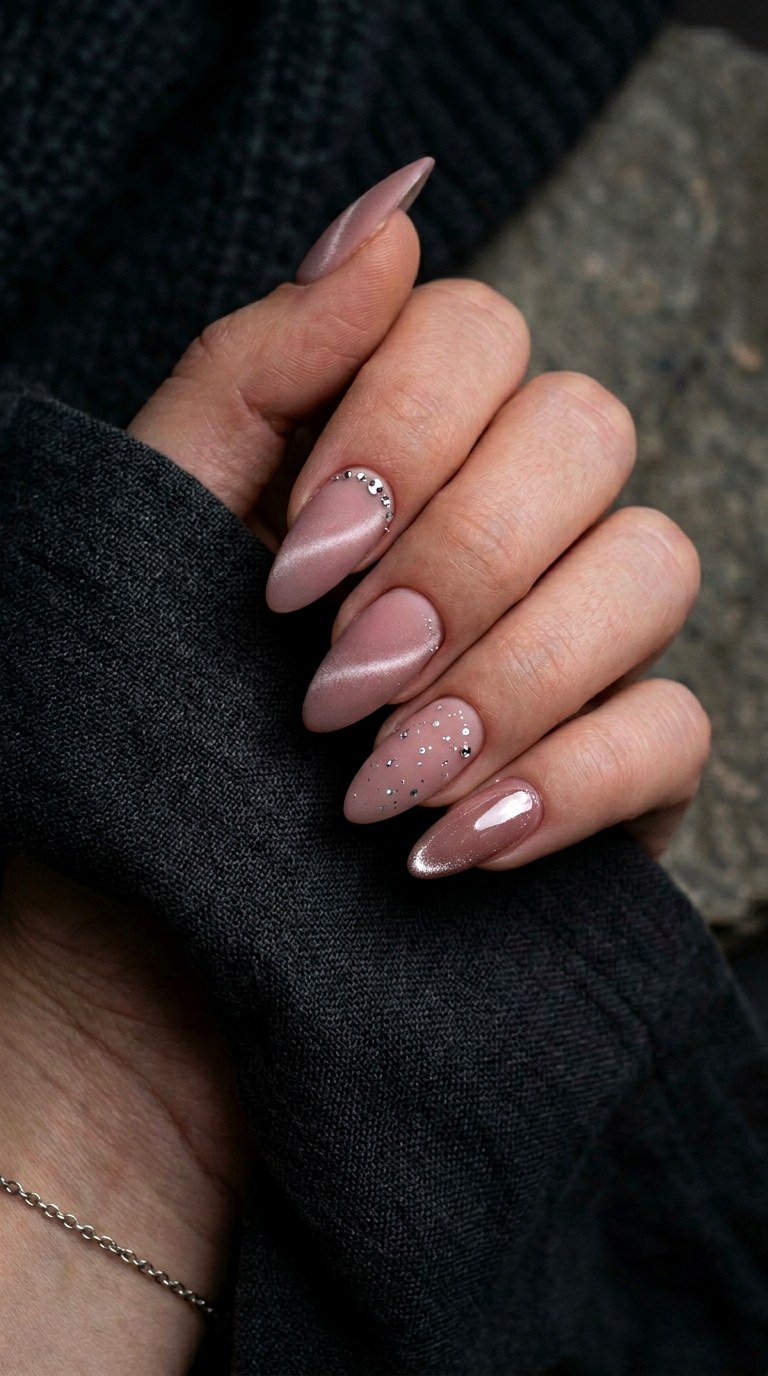 Matte Blush Cat Eye with Glitter Accents - 20 Spring Blush Cat Eye Nails with Glitter Ideas