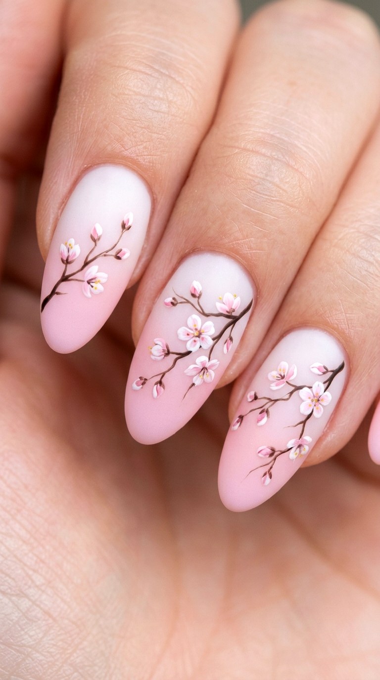 Matte Blush Ombre with Cherry Blossom Branches - 21 Matte Spring Multicolor Nails