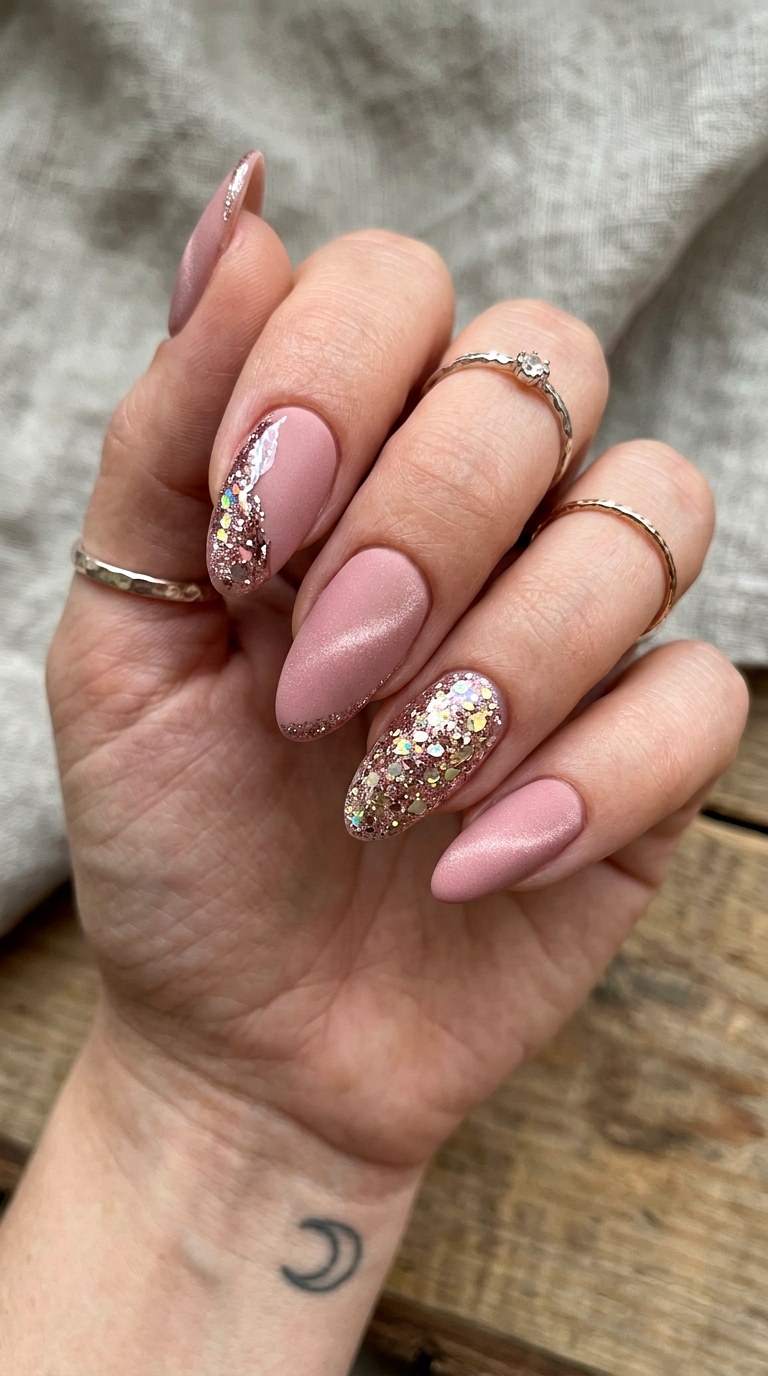 Matte Blush with Glossy Glitter Contrast - 21 Summer Blush Cat Eye Nails with Glitter Ideas