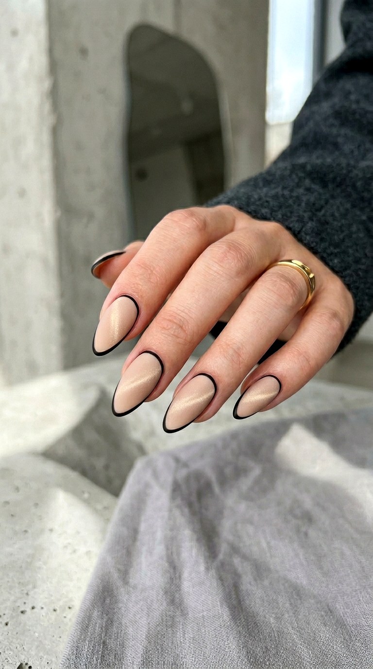 Matte Cat Eye Nails with Thin Black Outline - 20 Spring Minimal Matte Cat Eye Nails Ideas