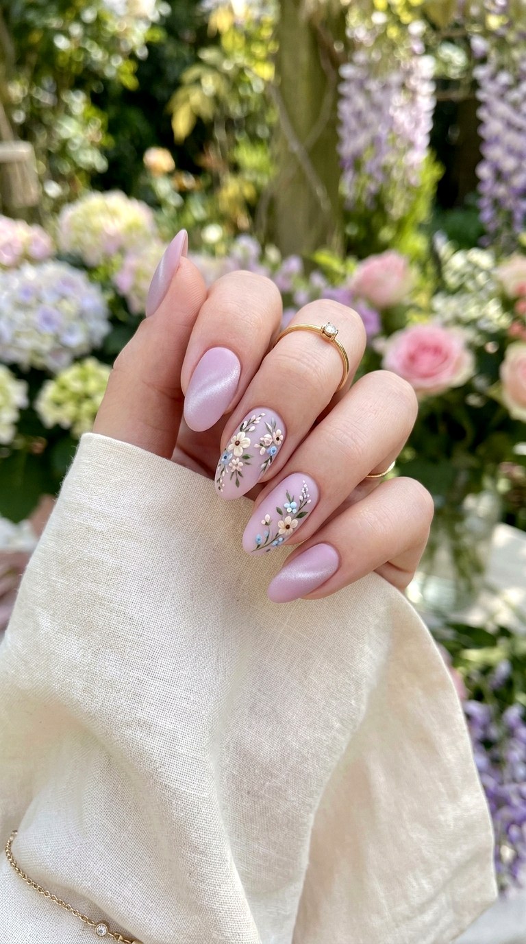 Matte Cat Eye Nails with Tiny Floral Accent - 20 Spring Minimal Matte Cat Eye Nails Ideas
