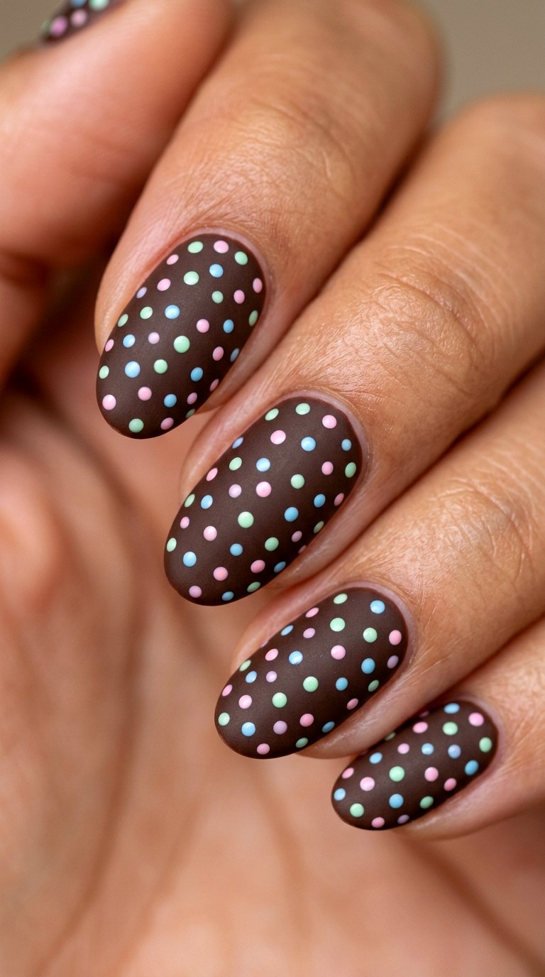 Matte Cocoa Brown with Pastel Polka Dots - 21 Matte Spring Multicolor Nails