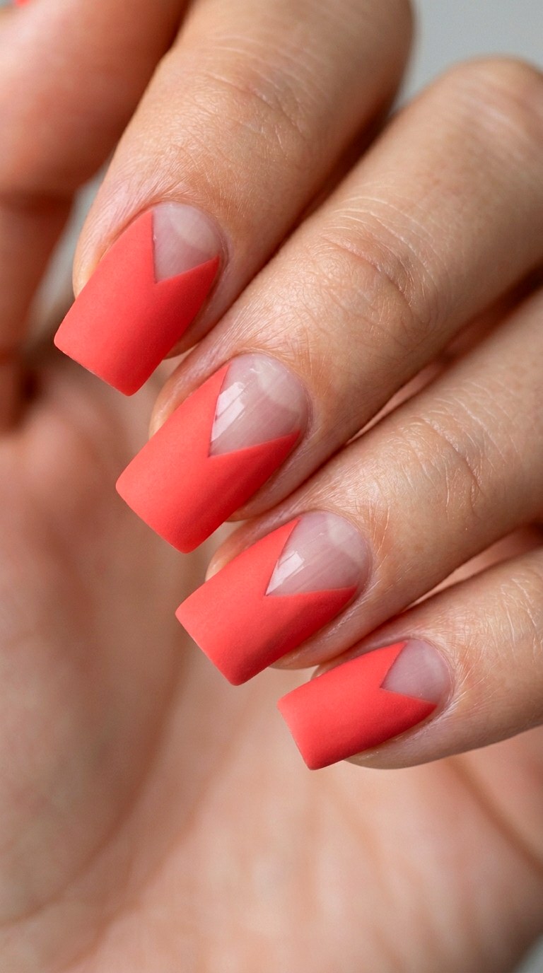 Matte Coral Base with Negative Space Geometry - 21 Matte Spring Multicolor Nails