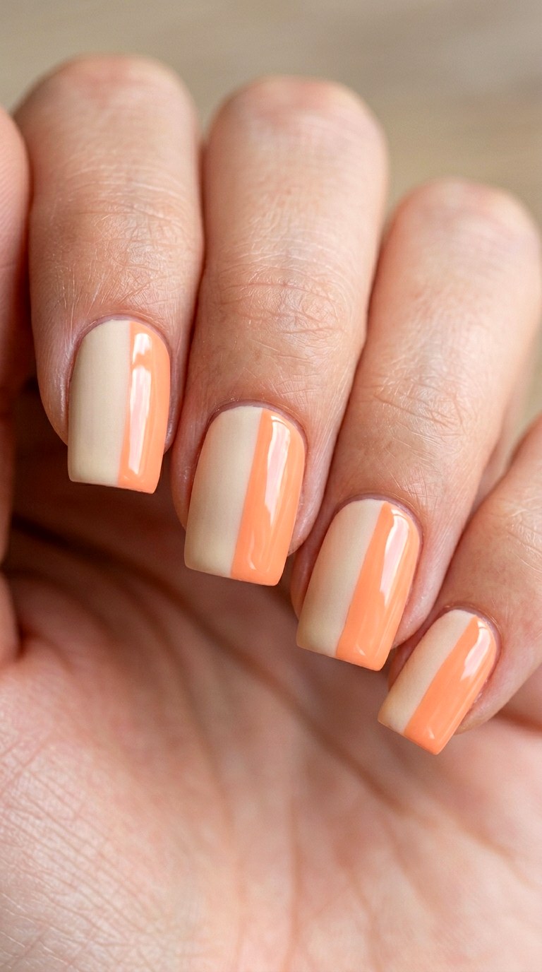 Matte Cream and Glossy Peach Half and Half - 23 Geometric Spring Two Colored Nails