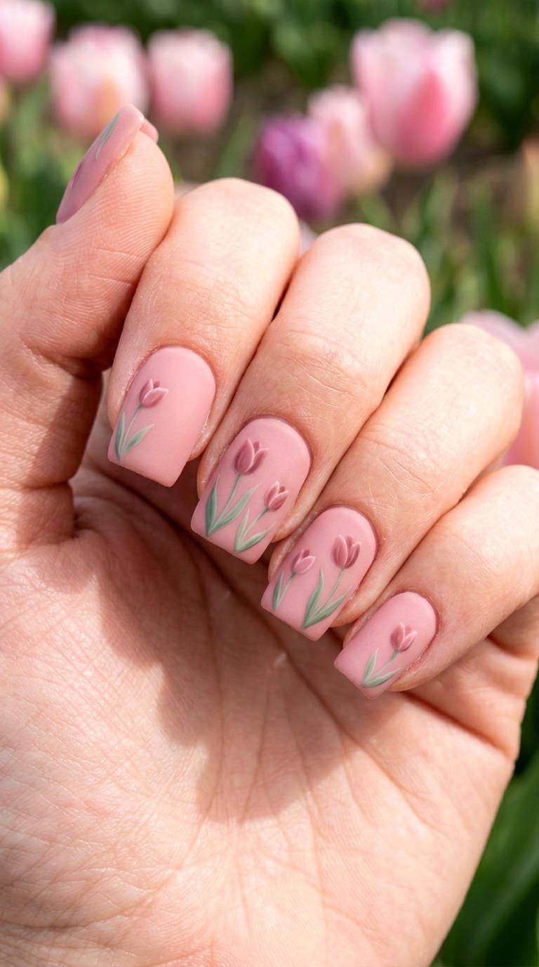 Matte Dusty Rose Tulip Fields - 26 Floral Spring Acrylic Nails