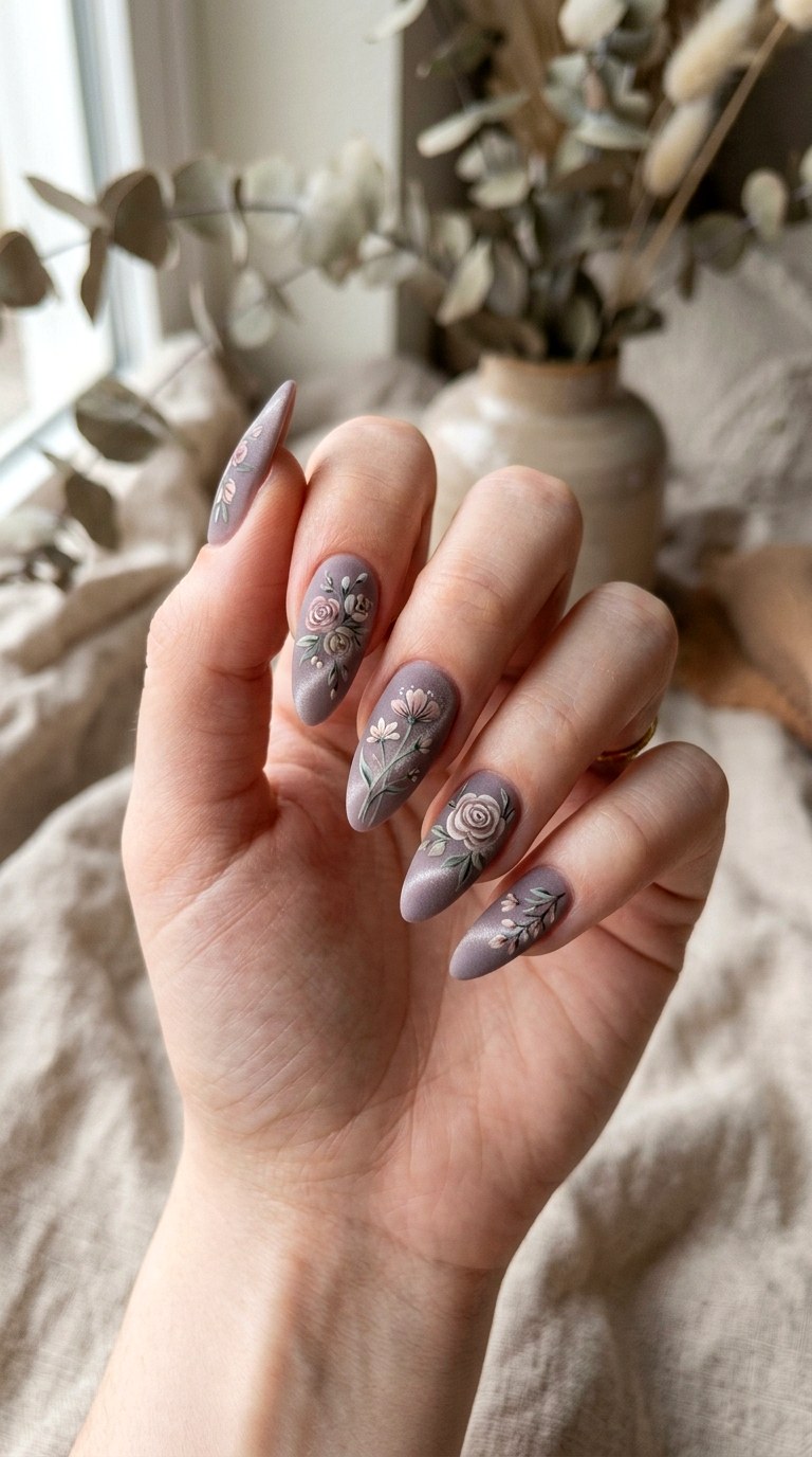 Matte Floral Cat Eye Nails - 20 Spring Floral Cat Eye Nails Ideas