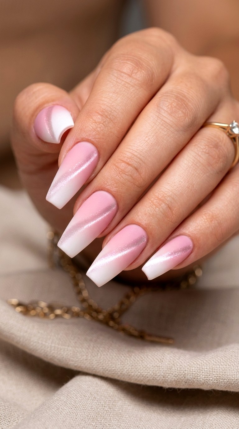 Matte Gradient with Glossy Cat Eye Effect - 20 Spring Pink and White Gradient Cat Eye Nails Ideas