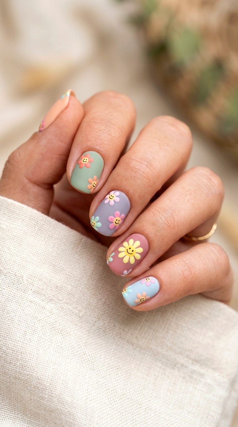 Matte Happy Flower Nails - 20 Summer Happy Flower Cartoon Nails Ideas