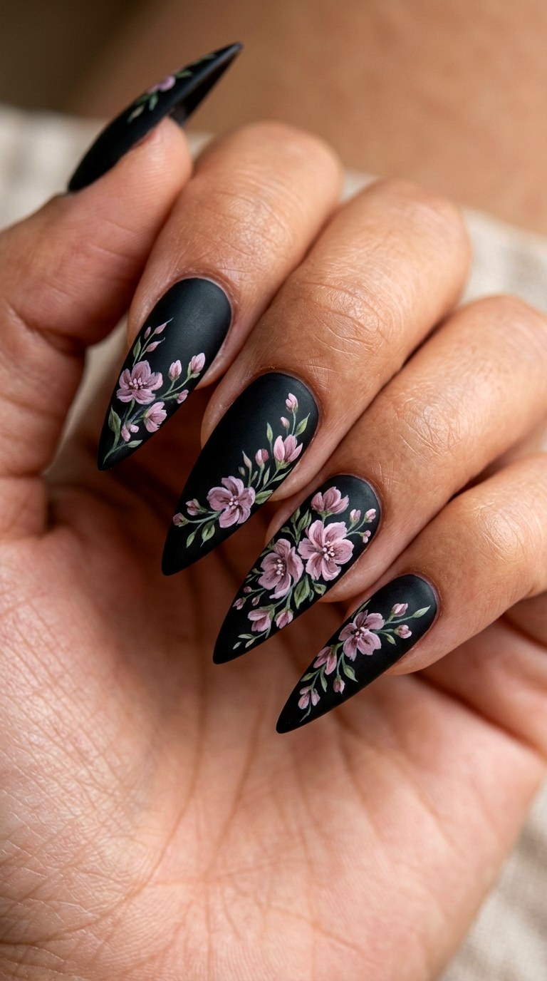 Matte Midnight Florals - 25 Sleek Spring Stiletto Nails