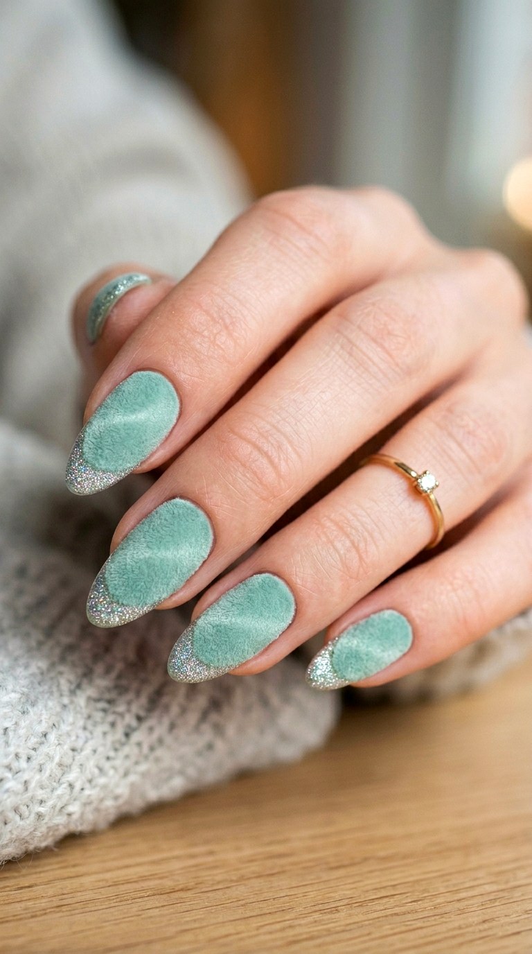 Matte Mint Cat Eye with Glitter Contrast - 23 Summer Mint Green Cat Eye Nails with Sparkle Ideas